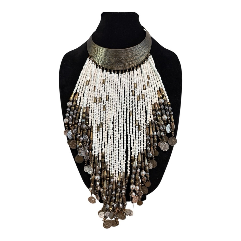 Bib Necklace Resin Seed Beads Tassel Tribal African‎ Long Fringe Boho Festival